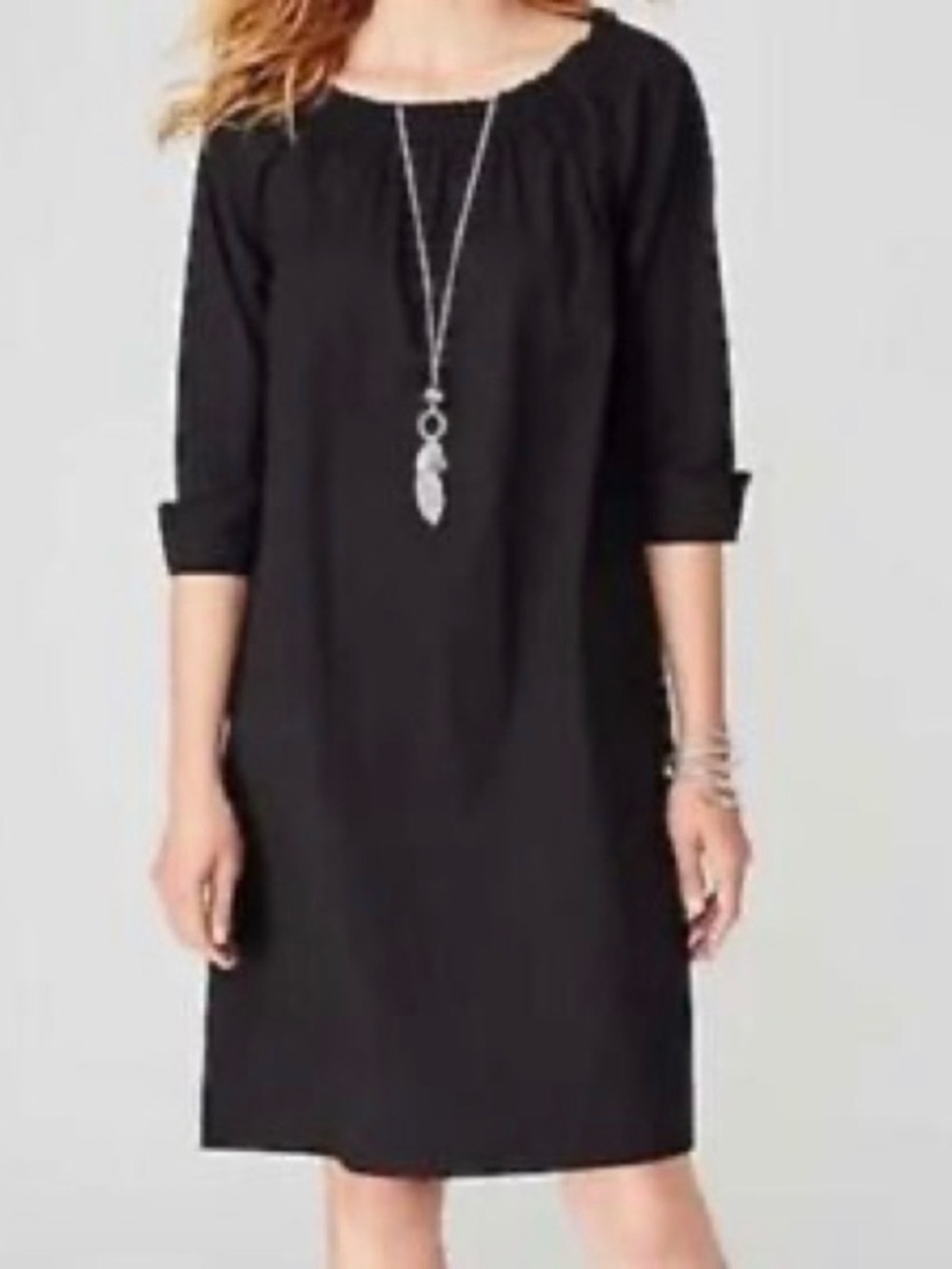 J. Jill Women’s Black Sheath Dress Pullover, Size XS Ruffle Neck 3/4 Sleeve